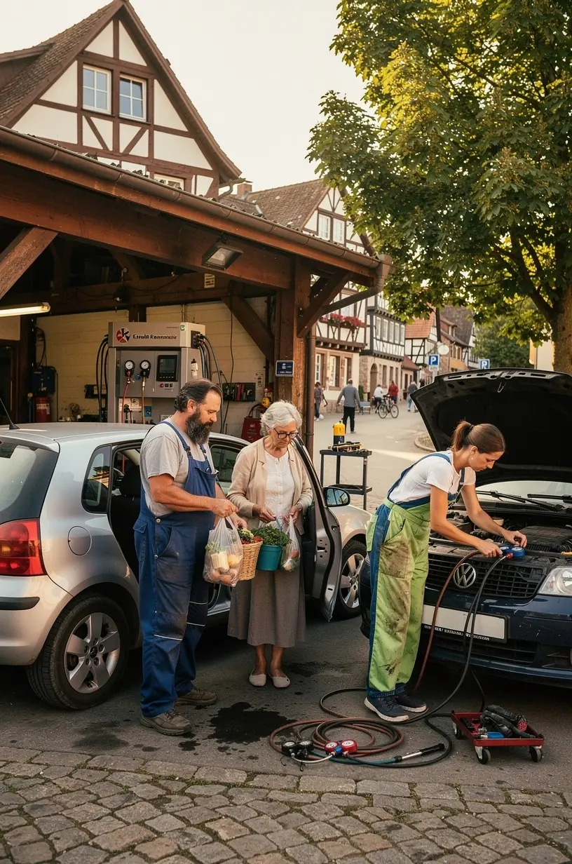 Kundenzufriedener Fahrer nach erfolgreicher Klimaanlagenreparatur in einem deutschen Servicezentrum